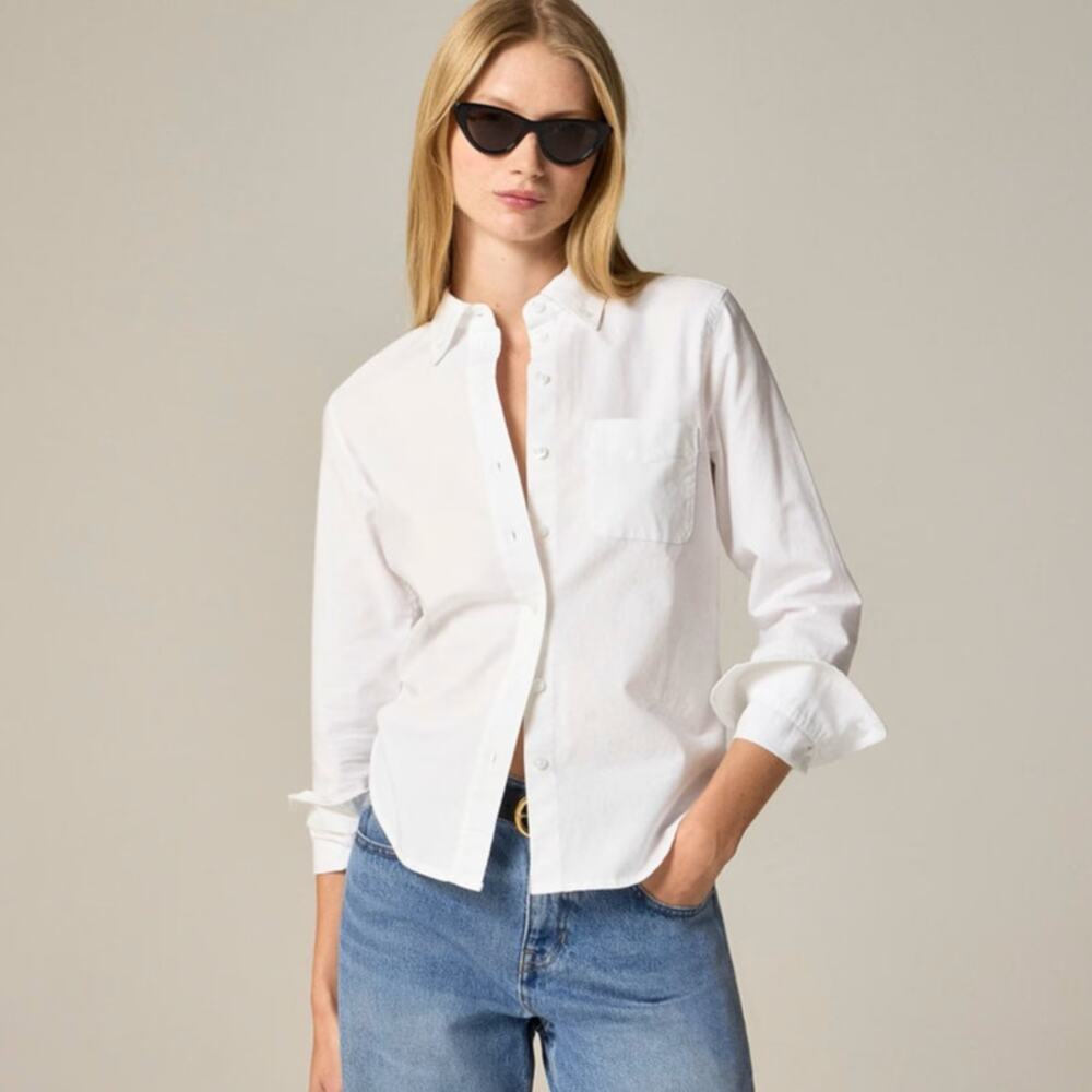 J.Crew Shrunken Button Up Shirt WMN 10 White Broken In Cotton Oxford Long Sleeve